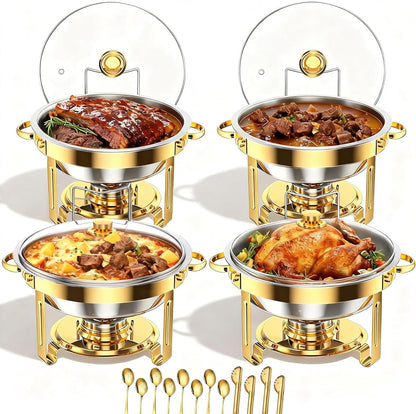 4 stuks gouden ronde schaafschalen voor buffet, 5 QT buffetwarmer-voedselserver met doorzichtig deksel en serveergerei roestvrijstalen voedselverwarmers voor feesten, bruiloften