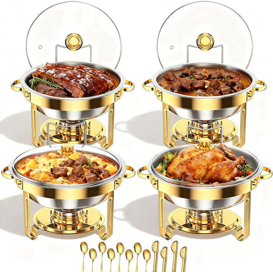 4 stuks gouden ronde schaafschalen voor buffet, 5 QT buffetwarmer-voedselserver met doorzichtig deksel en serveergerei roestvrijstalen voedselverwarmers voor feesten, bruiloften