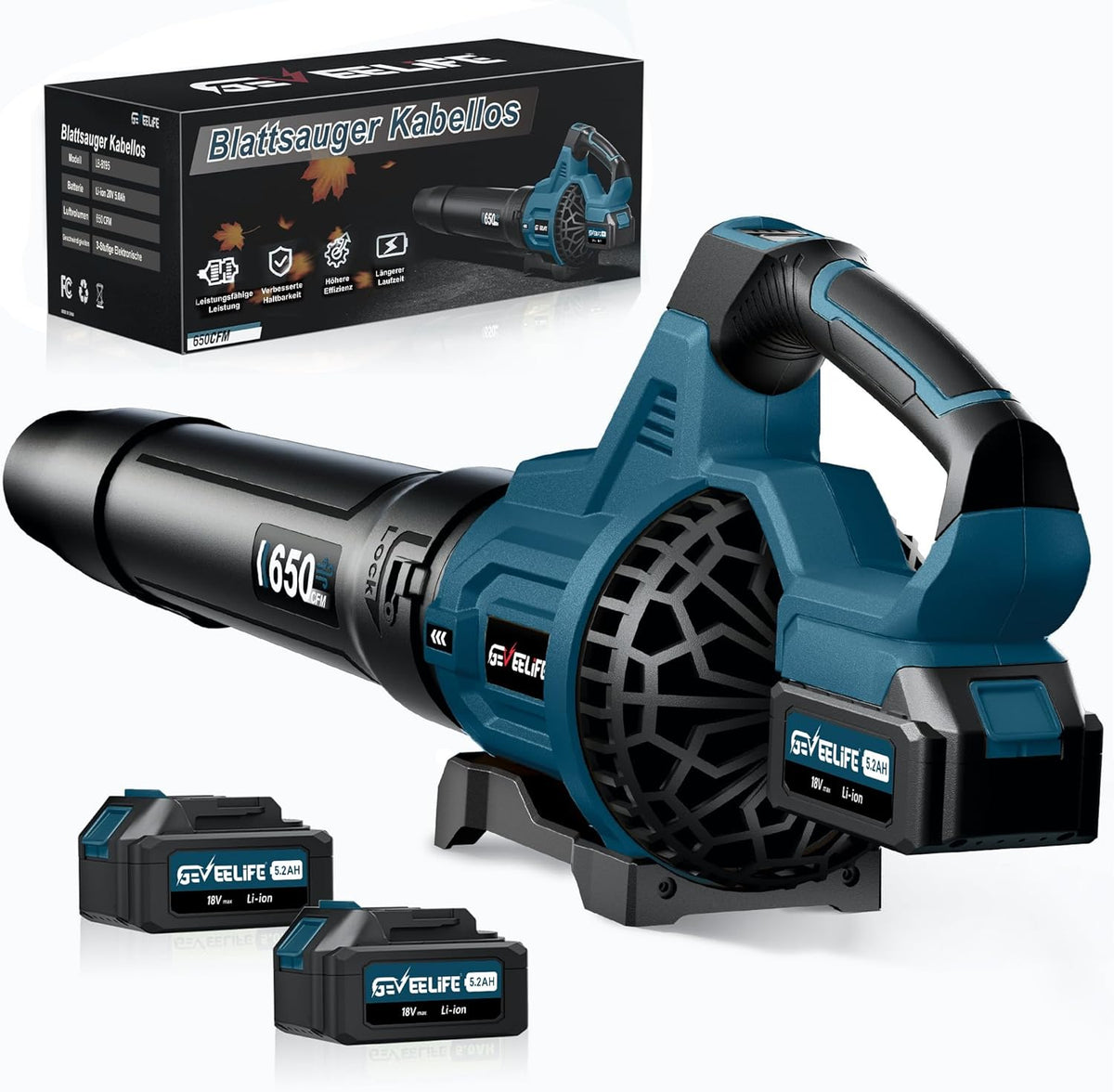 GEVEELIFE Accu-elektrische bladblazer 18 V, 257 km/u, met 3 snelheden en 2 accu's van 5,2 Ah, draadloze bladblazer voor tuin, bladeren, stof en sneeuw, blauw (batterij