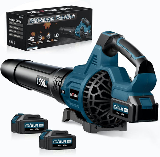 GEVEELIFE Accu-elektrische bladblazer 18 V, 257 km/u, met 3 snelheden en 2 accu's van 5,2 Ah, draadloze bladblazer voor tuin, bladeren, stof en sneeuw, blauw (batterij