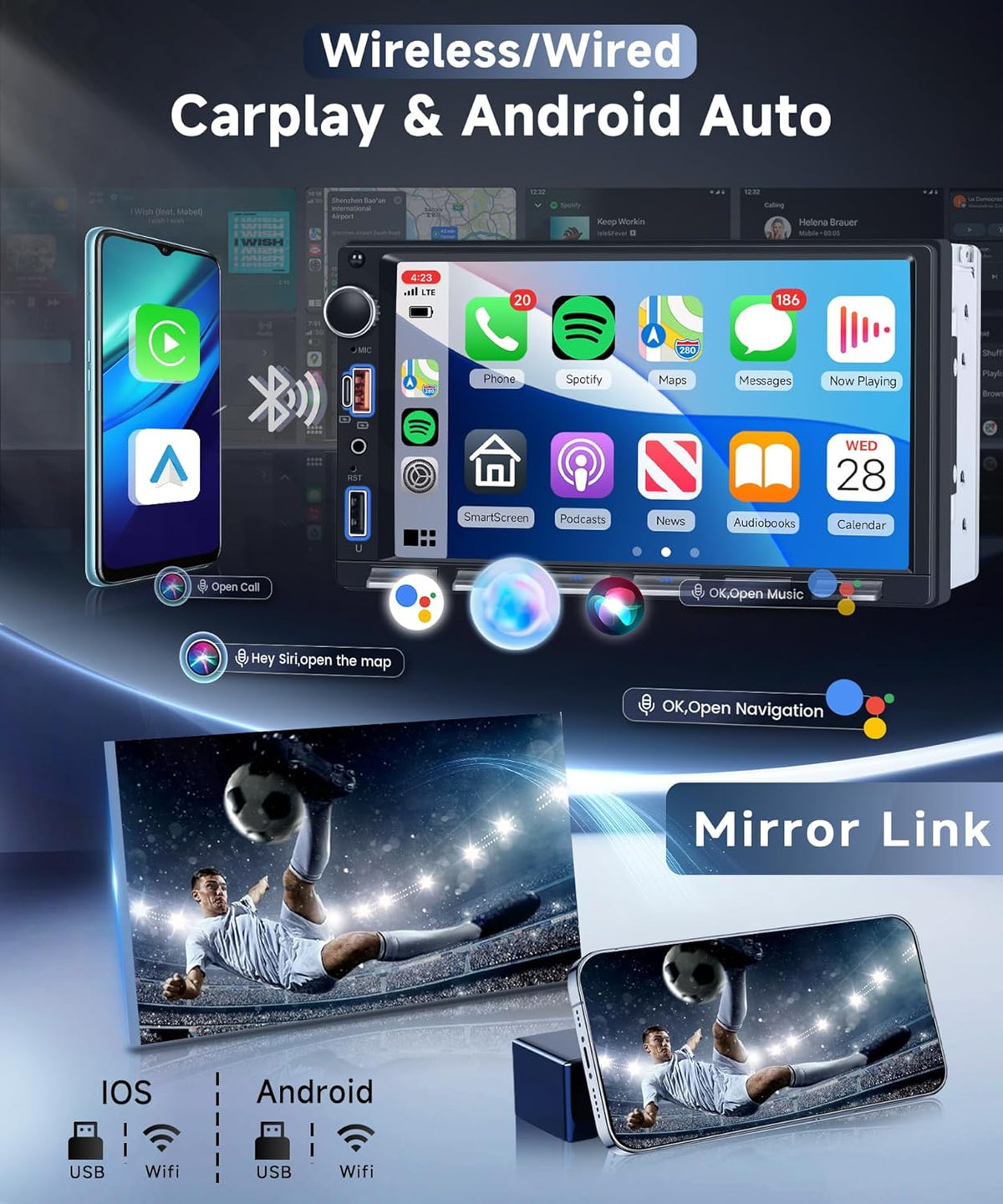 Autoradio, 2 Din pianotoetsen met draadloze Carplay Android auto, 7 inch IPS HD touchscreen, autoradio, ondersteuning bluetooth, FM-radio, USB/type-C, spiegellink, achteruitrijcamera