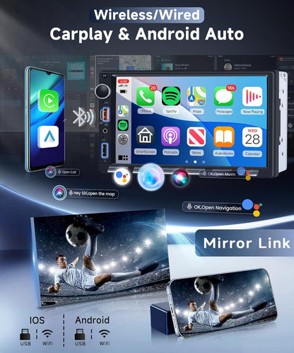 Autoradio, 2 Din pianotoetsen met draadloze Carplay Android auto, 7 inch IPS HD touchscreen, autoradio, ondersteuning bluetooth, FM-radio, USB/type-C, spiegellink, achteruitrijcamera