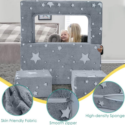 MeMoreCool Kindersofabed, Modulaire Peuterbank, Oplichtende Sterren Kinderstoel Lounger Opklapbaar, Baby Mini Bank Slaapkamermeubilair voor Speelkamer, Grijze Ster