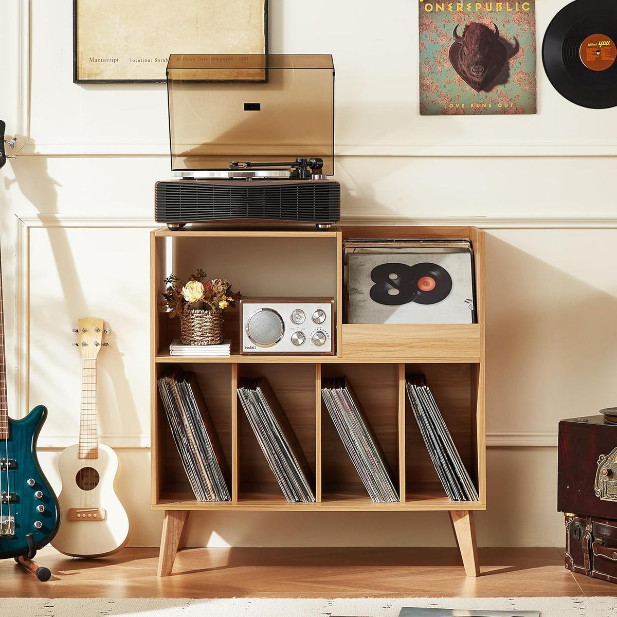 Draaitafelstandaard Houten – Platenspelerstandaard – Vinyl Opbergkast – Platenkast – Muziekmeubel – Voor Meer Dan 300 Vinylplaten – 4 Brede Vakken