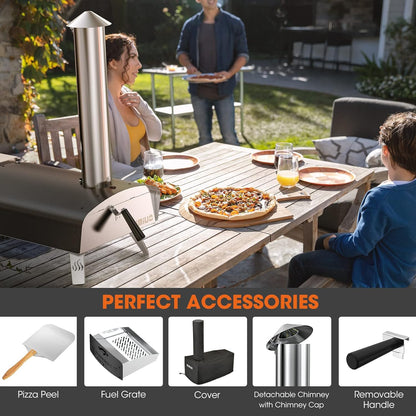 Mimiuo buitenoven op hout en pellets voor in de tuin, klassieke W-oven met zwarte coating, met pizzasteen en opvouwbare pizzaschil.