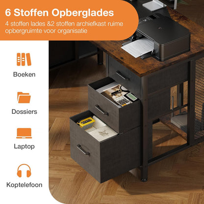 Coleshome Bureau met 6 lades, 160x52 cm Bureau met opslagruimte, Computerbureau met Planken voor Thuiskantoor, Bruin