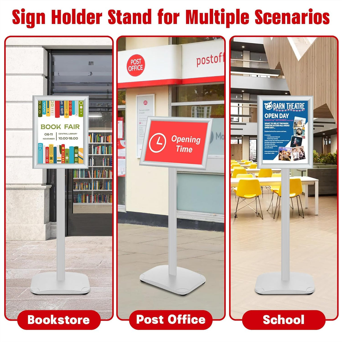 Schildstandaard Display – Posterstandaard – Infostandaard – Menustandaard – Bordstandaard – Zilver, Set van 3 – DIN A4 – 360° Draaibaar en 180° Kantelbaar – Zware Metalen Voet van 2,6 kg