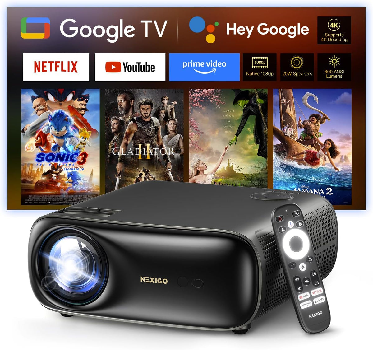 NexiGo PJ40 Pro Projector with Google TV, native 1080p, 4K-ondersteuning, AI-beeldverbetering, 800 ANSI-lumen, slimme projector met automatische keystone-correctie