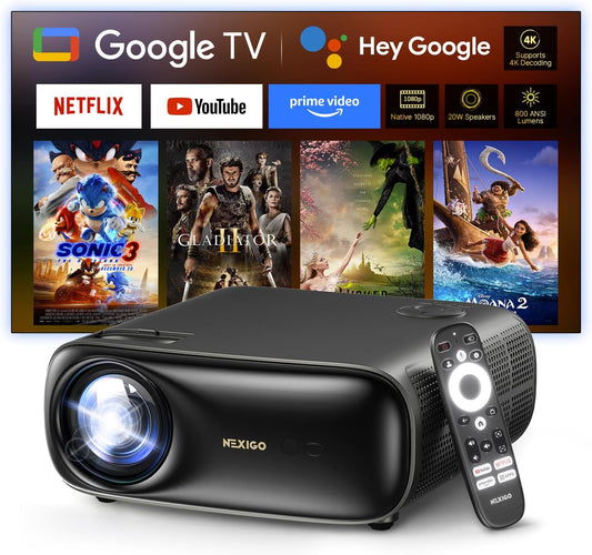 NexiGo PJ40 Pro Projector with Google TV, native 1080p, 4K-ondersteuning, AI-beeldverbetering, 800 ANSI-lumen, slimme projector met automatische keystone-correctie