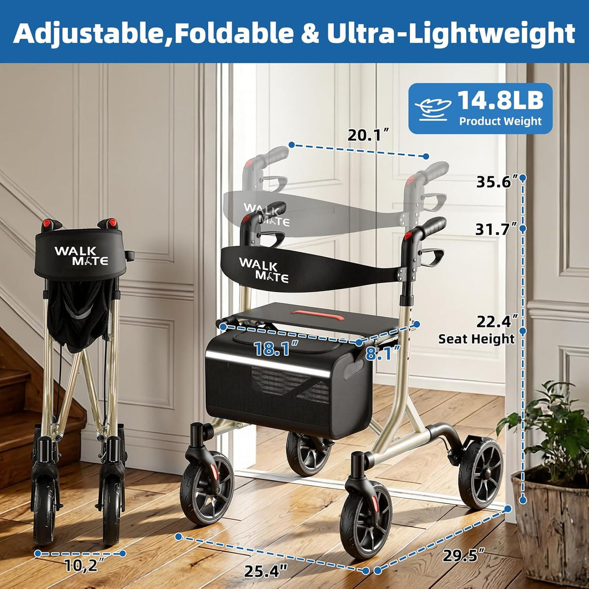 WALK MATE Rollator Lichtgewicht opvouwbare met zitting - Aluminium rollator smal voor woning, hoogteverstelbaar met duwknop, bekerhouder, loophulp voor ouderen (6,7 kg) (Goud)