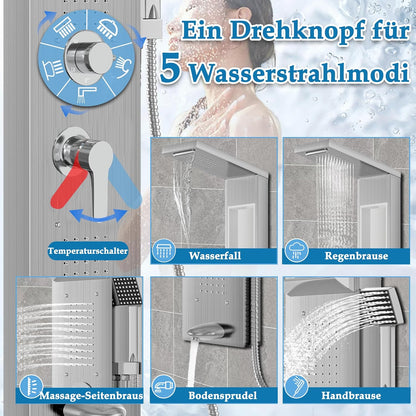 Douchesysteem – Doucheset – Douchepaneel – Regendouche – Handdouche – Roestvrij Staal – 5 Functies Met Massagejets – Zilver Geborsteld