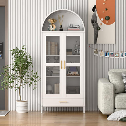 SUPEER 185 cm metalen gebogen opbergvitrine in wit met lade, gewelfde kasten met glazen deuren en planken voor woonkamer, keukens en slaapkamers, montage vereist