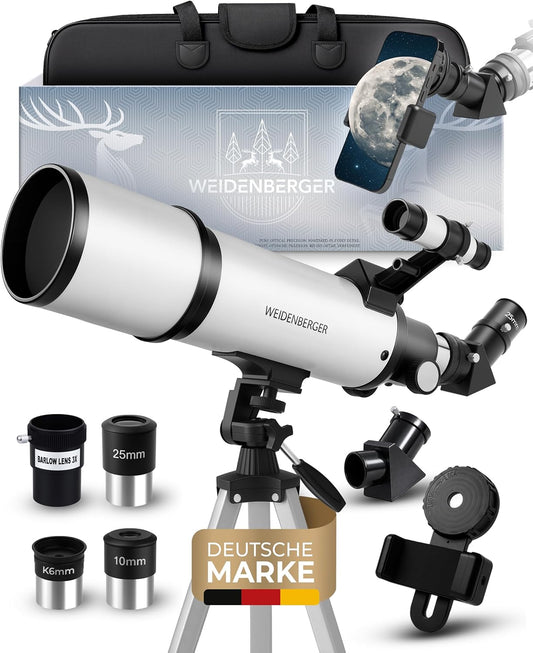 Telescoop 60800 – refractorverrekijker, 60 mm opening, 800 mm brandpuntsafstand, 3 oculairs + 3 x barlow lens, zoekerverrekijker, statief en adapter voor mobiele telefoons – voor