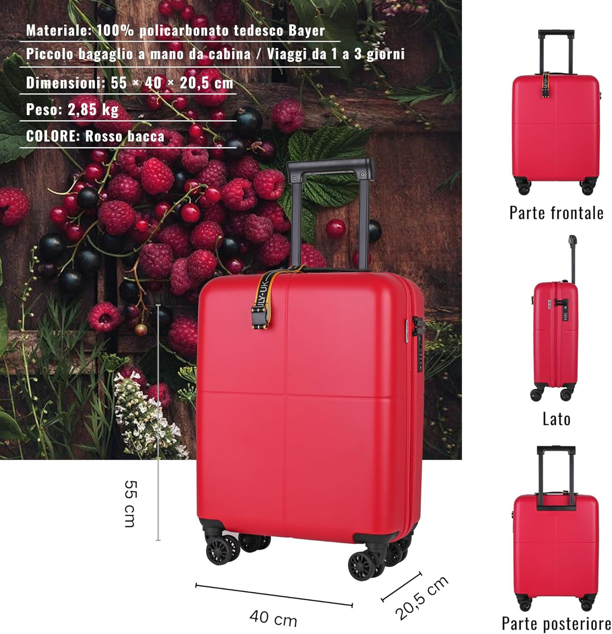 JLY Premium Zwarte Kofferset 100% Duits Bayer Polycarbonaat Superieure Organisatie TSA-beveiligingsslot Ultra-stille Wielen, Bessen Rood, Vanity Case, S (55cm)