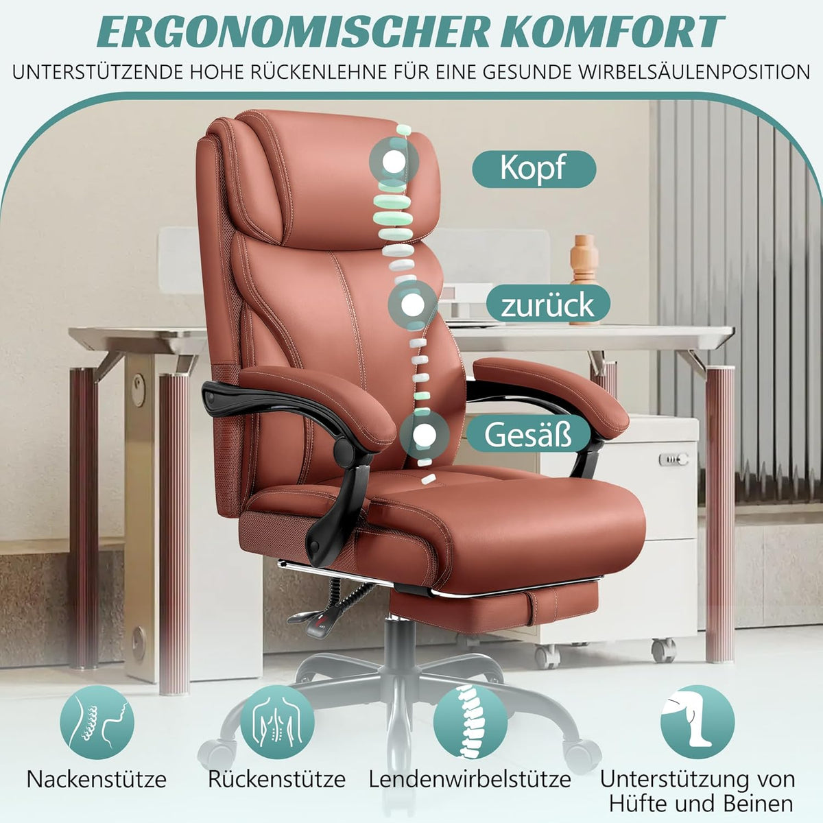 Bureaustoel – Bureaustoel Ergonomisch – Bureaustoel Met Voetensteun – Managersstoel – Werkstoel – Mat Bruin Kunstleer – Grote Hoge Zitting – Kantelfunctie En Hoogteverstelling