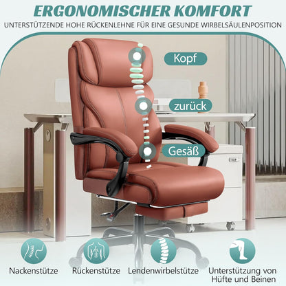 Bureaustoel – Bureaustoel Ergonomisch – Bureaustoel Met Voetensteun – Managersstoel – Werkstoel – Mat Bruin Kunstleer – Grote Hoge Zitting – Kantelfunctie En Hoogteverstelling