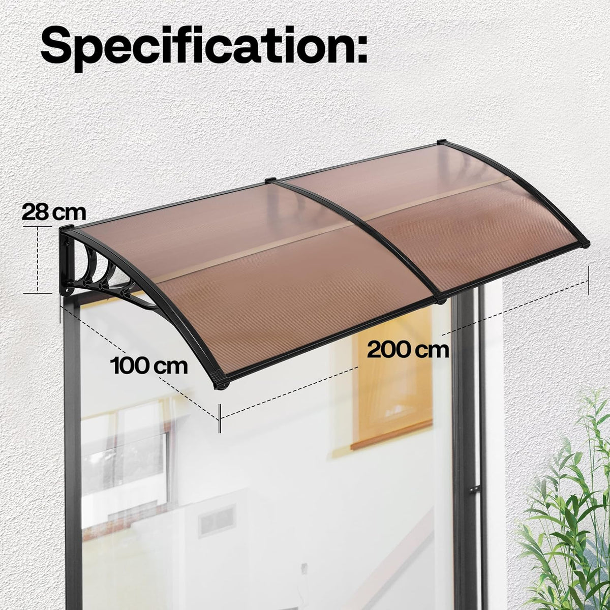 VIVOHOME Luifel voor voordeurraam luifel 200×100cm Polycarbonaat gesplitste dakbedekking Bruine lessenaarsdakluifel met zwarte beugel voor zonwering en regenbescherming