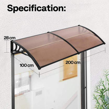 VIVOHOME Luifel voor voordeurraam luifel 200×100cm Polycarbonaat gesplitste dakbedekking Bruine lessenaarsdakluifel met zwarte beugel voor zonwering en regenbescherming