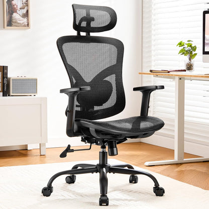 Ergonomische bureaustoel, hoge rugleuning mesh stoel met verstelbare lendensteun, 2D-hoofdsteun, boven- en onderarmleuningen, 90-120° kantelbaar, breed zitkussen, ideaal voor gaming en thuiskantoor