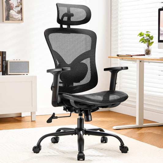 Ergonomische bureaustoel, hoge rugleuning mesh stoel met verstelbare lendensteun, 2D-hoofdsteun, boven- en onderarmleuningen, 90-120° kantelbaar, breed zitkussen, ideaal voor gaming en thuiskantoor