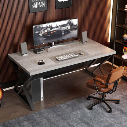 LVB Grijs computerbureau, industrieel houten pc-gaming grijs bureau voor thuiskantoor, moderne houten metalen studiewerk slaapkamertafel, boerderij executive schrijfbureau met opslag, 140 cm,