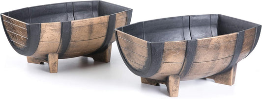 Set of 2 Rustic Wood- Look Plastic Half Barrel Flower Pot Garden Planter