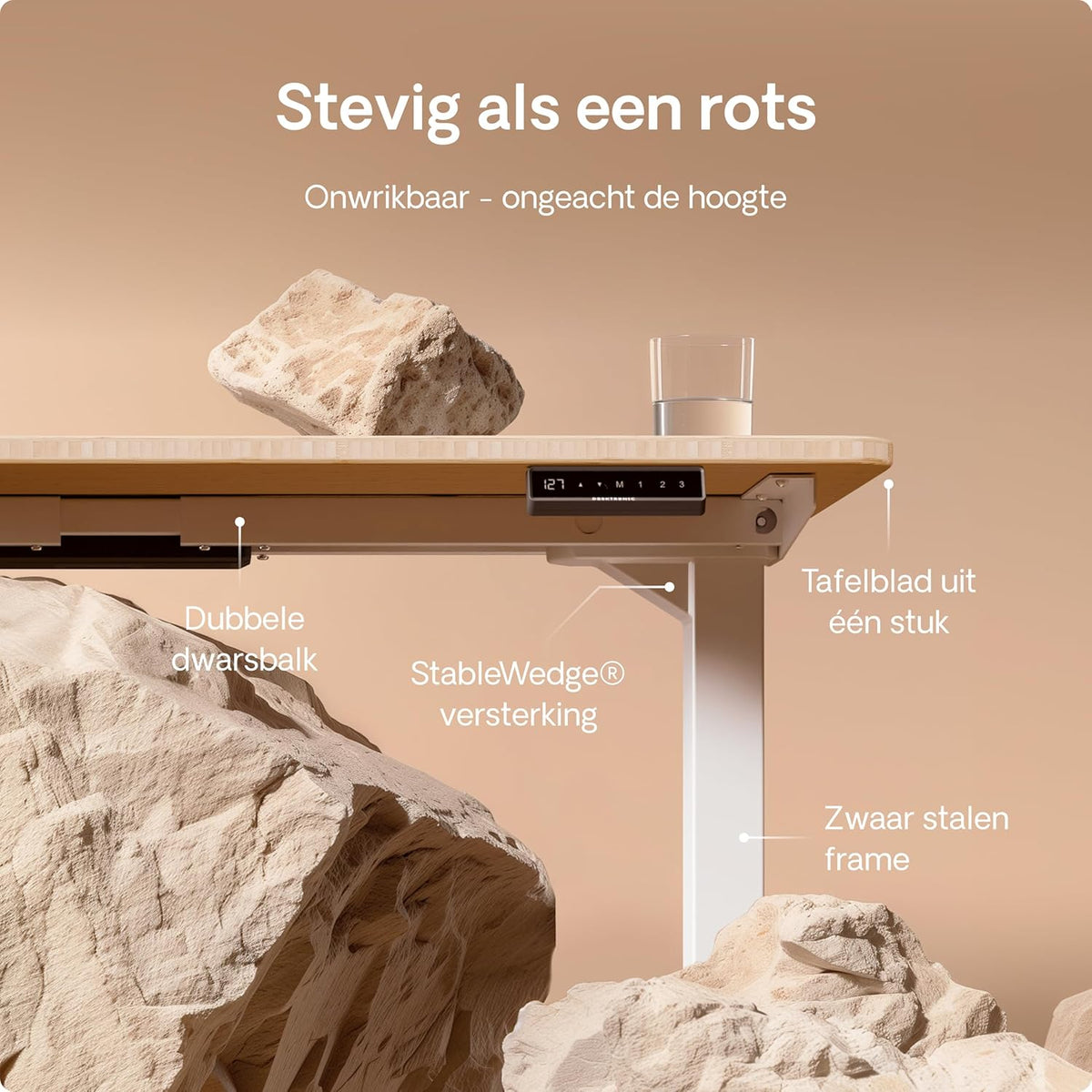 Desktronic HomePro Desk - Height Adjustable 120 x 60 cm - Fast Twin-Motor Sit-Stand Desk - Very Stable Electric Standing Desk - Made of One Piece Bamboo Table Top - Touch Screen Control - QUORE