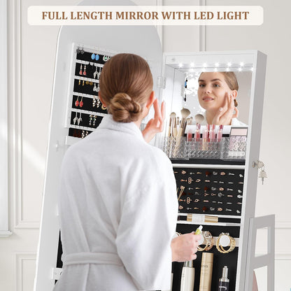 Multifunctionele Staande Sieradenkast – Juwelenkast – Opbergkast – Spiegelkast – Armoire – 360° Draaibaar – Verstelbare LED Verlichting – Afsluitbaar Met Sleutels – MDF En Veilig Glas – 165x56 cm – LED-Wit