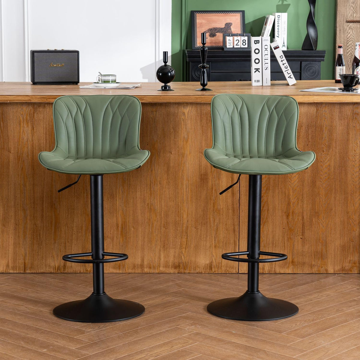 YOUNIKE Barkruk, 2-delige set, draaibare hoogteverstelling, barstoel van kunstleer, bekleding, barstoelen, thekenhocker, moderne barstoelen, keukenstoel met hoge oorleuning, bonengroen