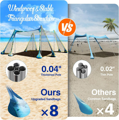 Rhino Valley Beach Tent Sun Shelter, Beach Canopy Tent Sun Shade UPF50+ Protection with 8 Sandbags 4 Stability Poles, Outdoor Beach Shade Canopy Camping, Fishing, 10 * 10FT, Dark Blue Turtle
