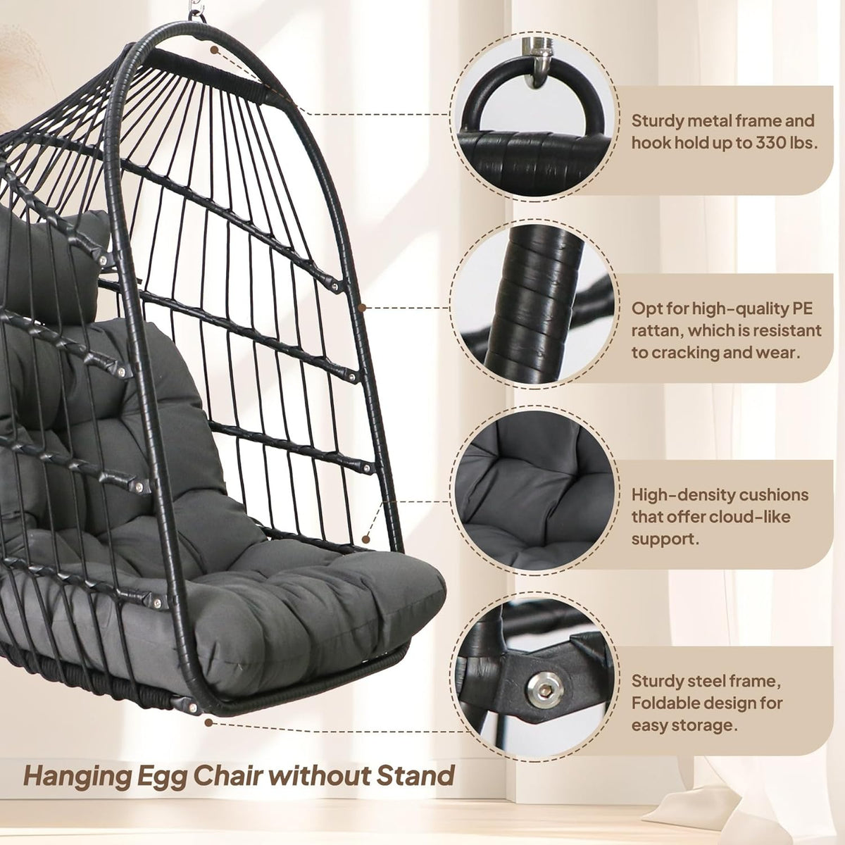 Chihee Eierstoel Opvouwbare Rieten Rotan Hangstoel Swing Stoel Indoor Outdoor Patio Rieten Stoel Hangmat Stoel met Rvs Opknoping Kit Chain Link UV Bestand Kussen Slaapkamer Balkon