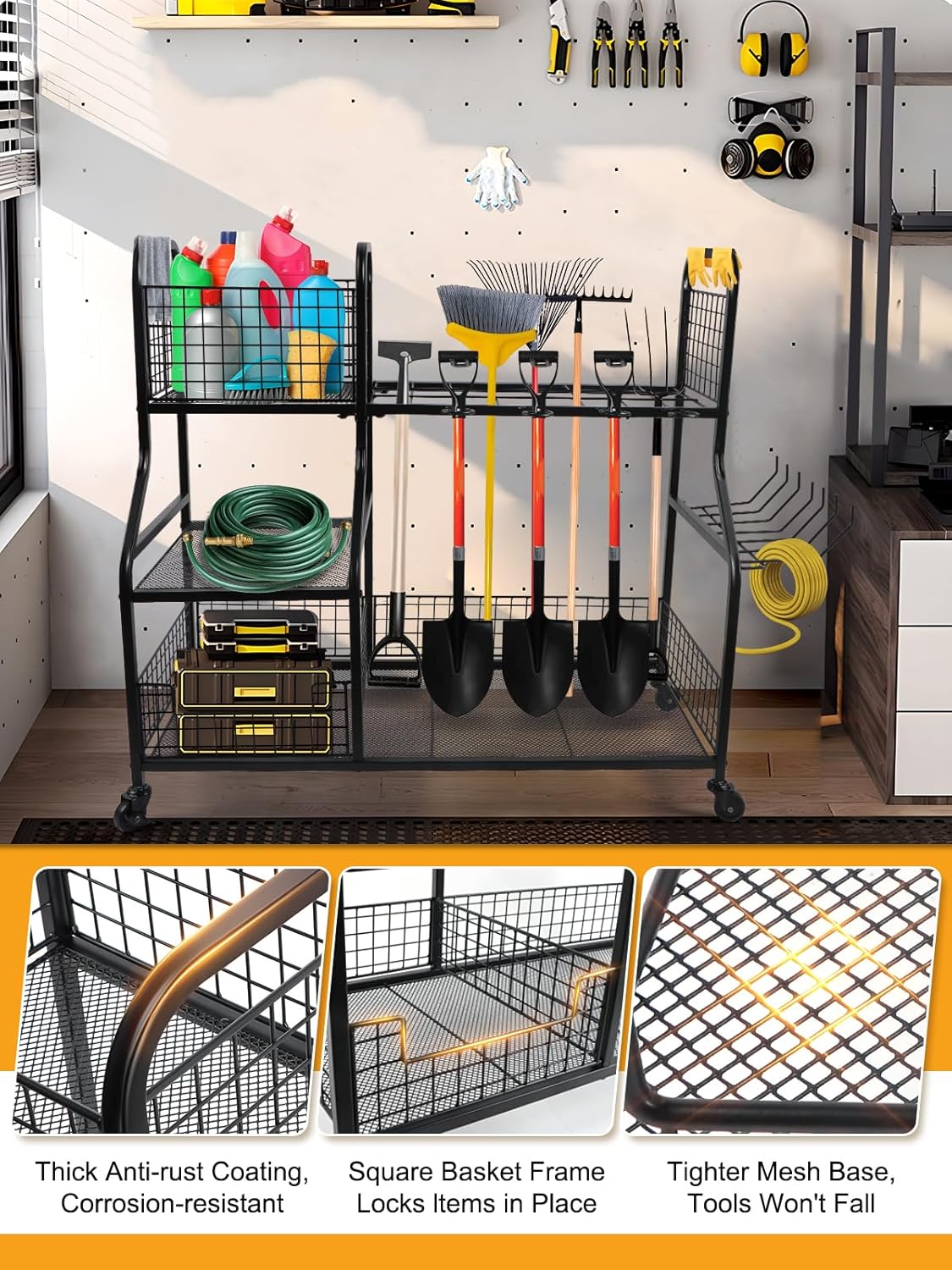Kalolary Garden Tool Storage Organizer voor Garage, 3 Laags Opberghouder Gereedschap met Wielen, Groot Tuingereedschaprek met Extra Opbergmand voor Tuin/Schuur/Garage/Tuin/Kelder/Gazon