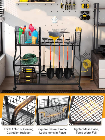 Kalolary Garden Tool Storage Organizer voor Garage, 3 Laags Opberghouder Gereedschap met Wielen, Groot Tuingereedschaprek met Extra Opbergmand voor Tuin/Schuur/Garage/Tuin/Kelder/Gazon