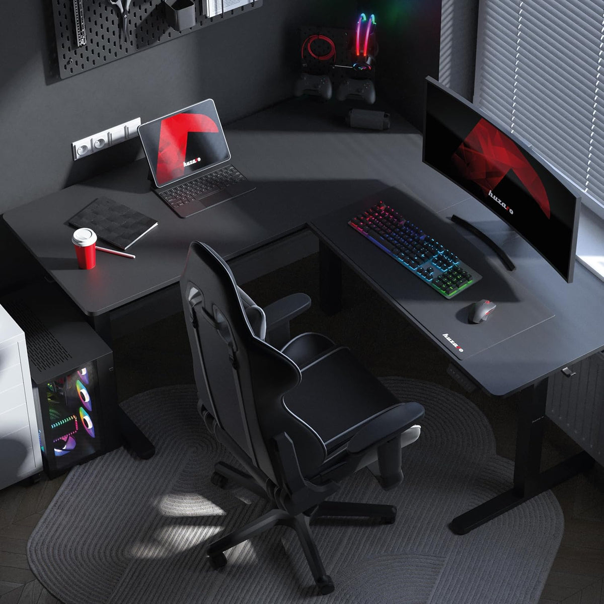 huzaro Hero 9.5 Motorcycle Desk, Height Adjustable, Corner Desk, Electric Standing Desk, 160 x 140 cm, L Shape, Changeable Left and Right, 3 Memory Control, Memo Board, Black - QUORE