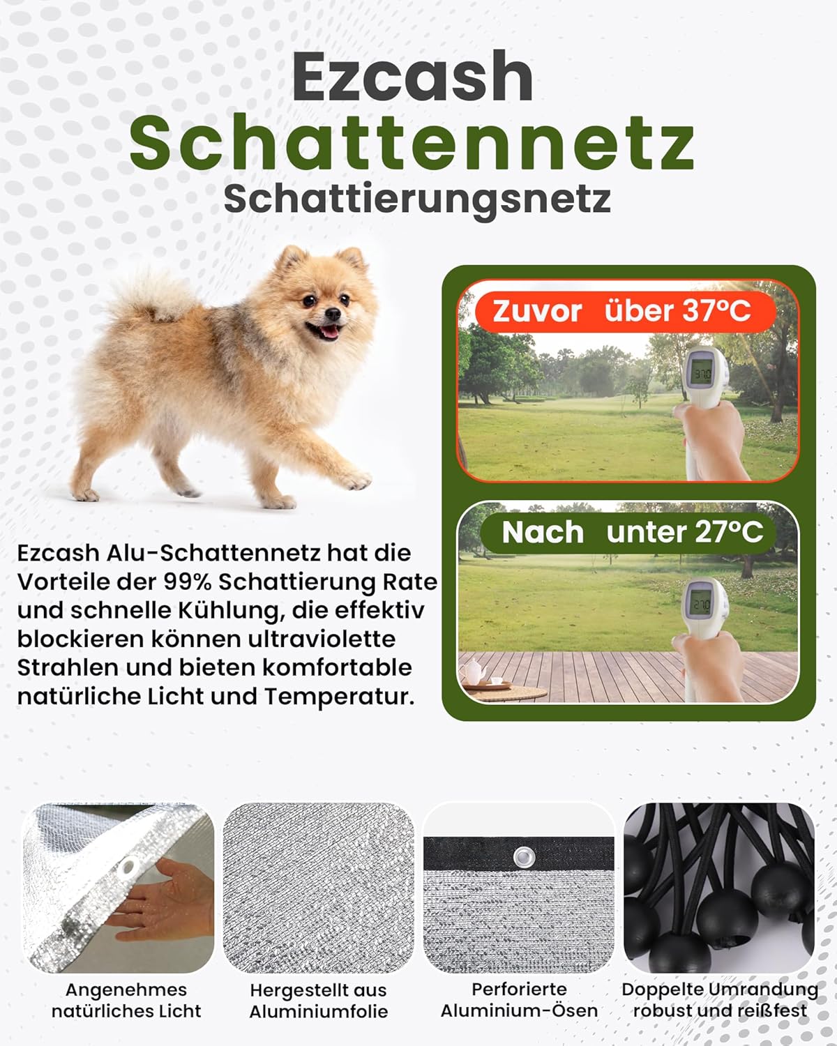 Schaduwnet, 6 x 6 m, 99% aluminium, hittebescherming, zonweringsnet met elastisch koord, nylon touw, spijker, als uv-bescherming, geschikt voor buiten, binnenplaats, auto, dieren