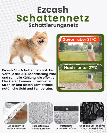 Schaduwnet, 6 x 6 m, 99% aluminium, hittebescherming, zonweringsnet met elastisch koord, nylon touw, spijker, als uv-bescherming, geschikt voor buiten, binnenplaats, auto, dieren