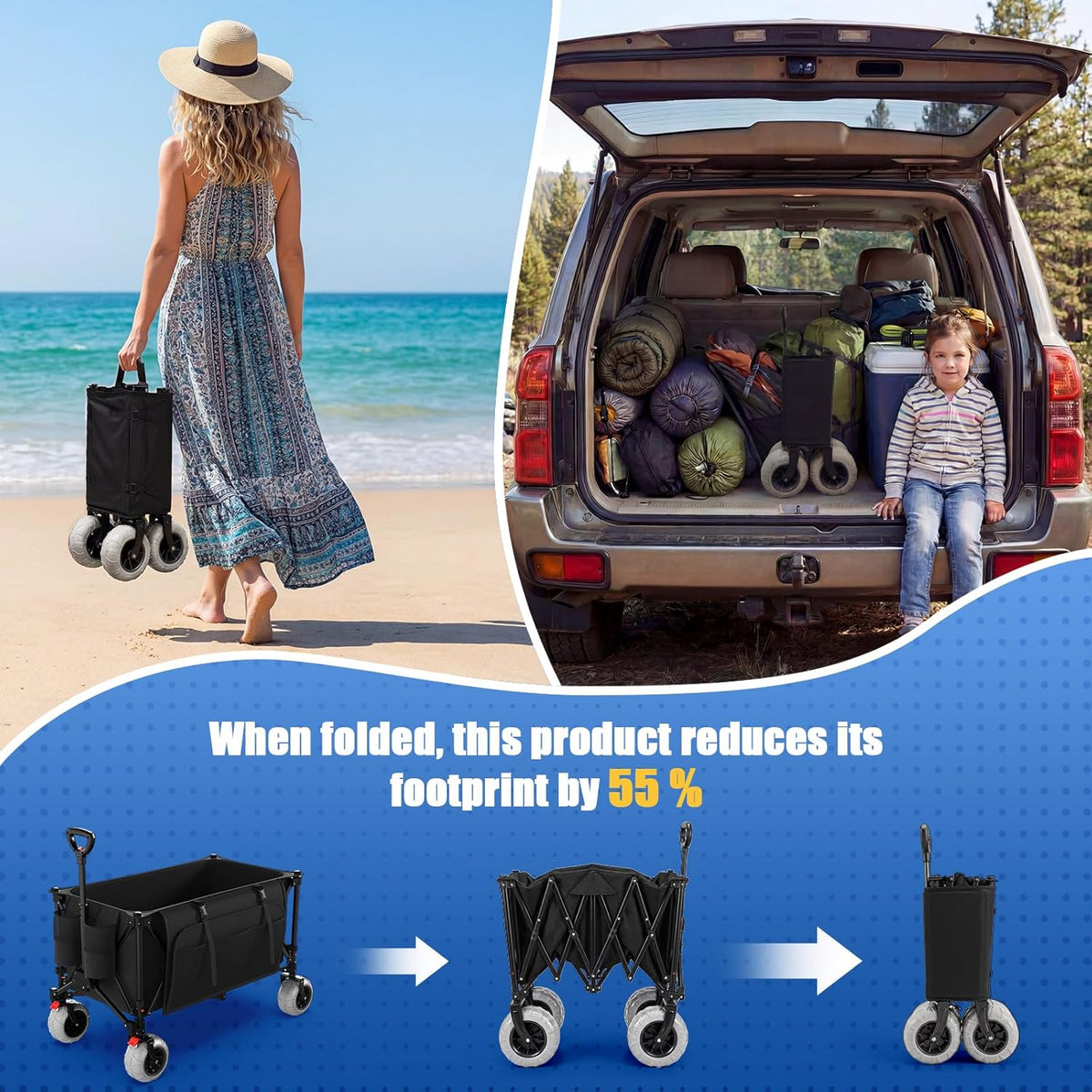 JUMMICO Opvouwbare trolley voor alle terreinen, 200 l, met parkeerrem, 150 kg, afneembare PU-wielen en verstelbare handgreep, zijtas 25 l, robuust, voor strand, park, winkelen, camping