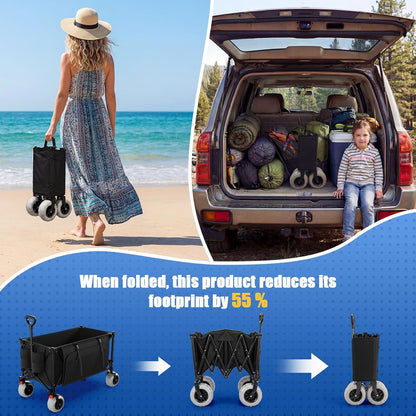 JUMMICO Opvouwbare trolley voor alle terreinen, 200 l, met parkeerrem, 150 kg, afneembare PU-wielen en verstelbare handgreep, zijtas 25 l, robuust, voor strand, park, winkelen, camping