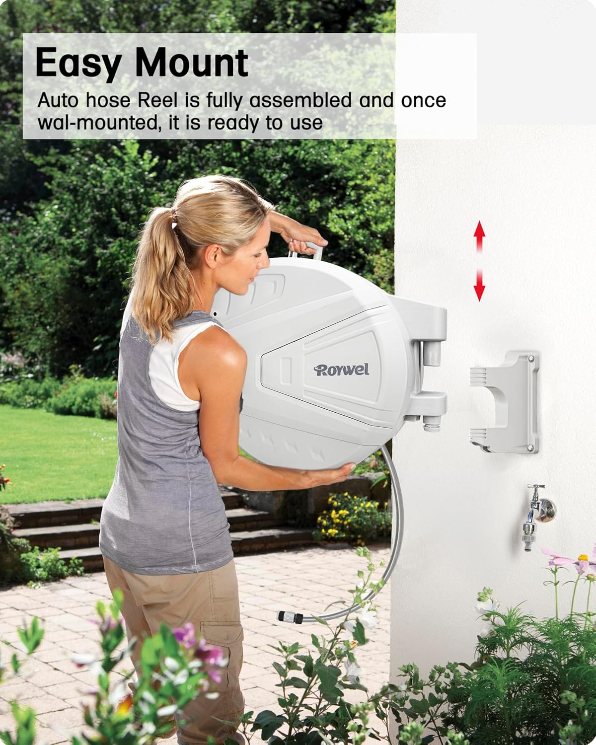 Tuinslanghaspel 30 m, wandgemonteerde slanghaspel zelfvergrendelend systeem/automatisch terugspoelen/wandmontage/180 ° draaibare beugel, muti-functie sproeikop voor tuin, gazon, garage