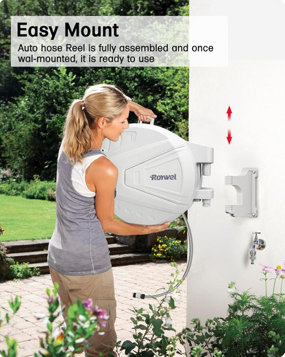 Tuinslanghaspel 30 m, wandgemonteerde slanghaspel zelfvergrendelend systeem/automatisch terugspoelen/wandmontage/180 ° draaibare beugel, muti-functie sproeikop voor tuin, gazon, garage