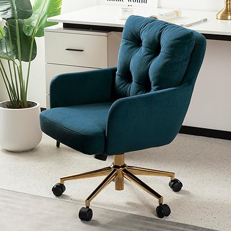 Office chair upholstered chair velvet, 360° swivel chair with wheels, armchair height adjustable with metal legs and cushion, office chair blue - QUORE