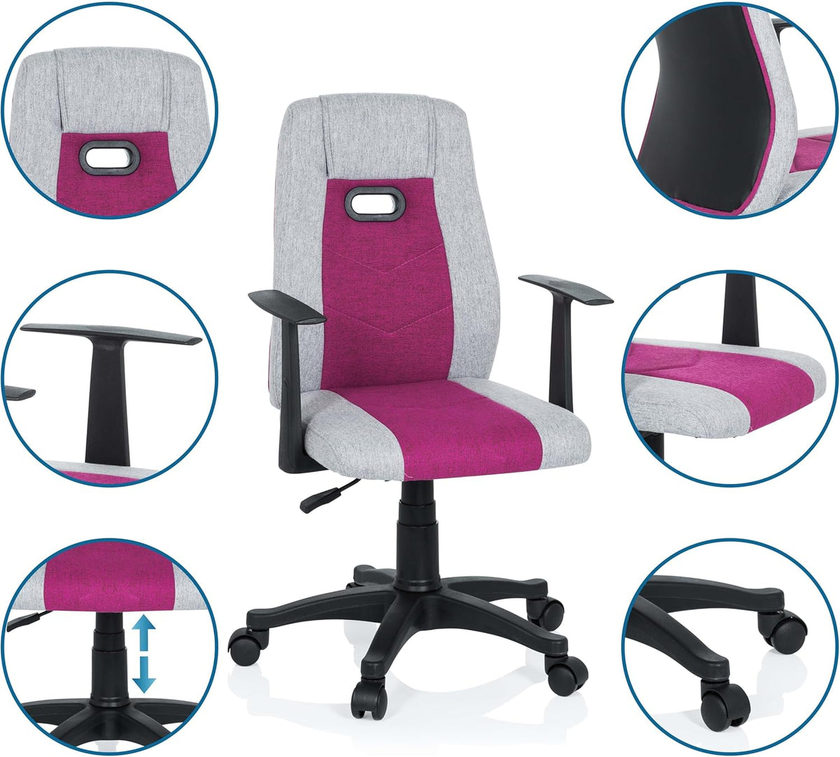 hjh OFFICE 670930 kinderbureaustoel KIDDY EXTRA stof grijs/pink met armleuningen comfortabele bekleding kinderstoel bureau chair