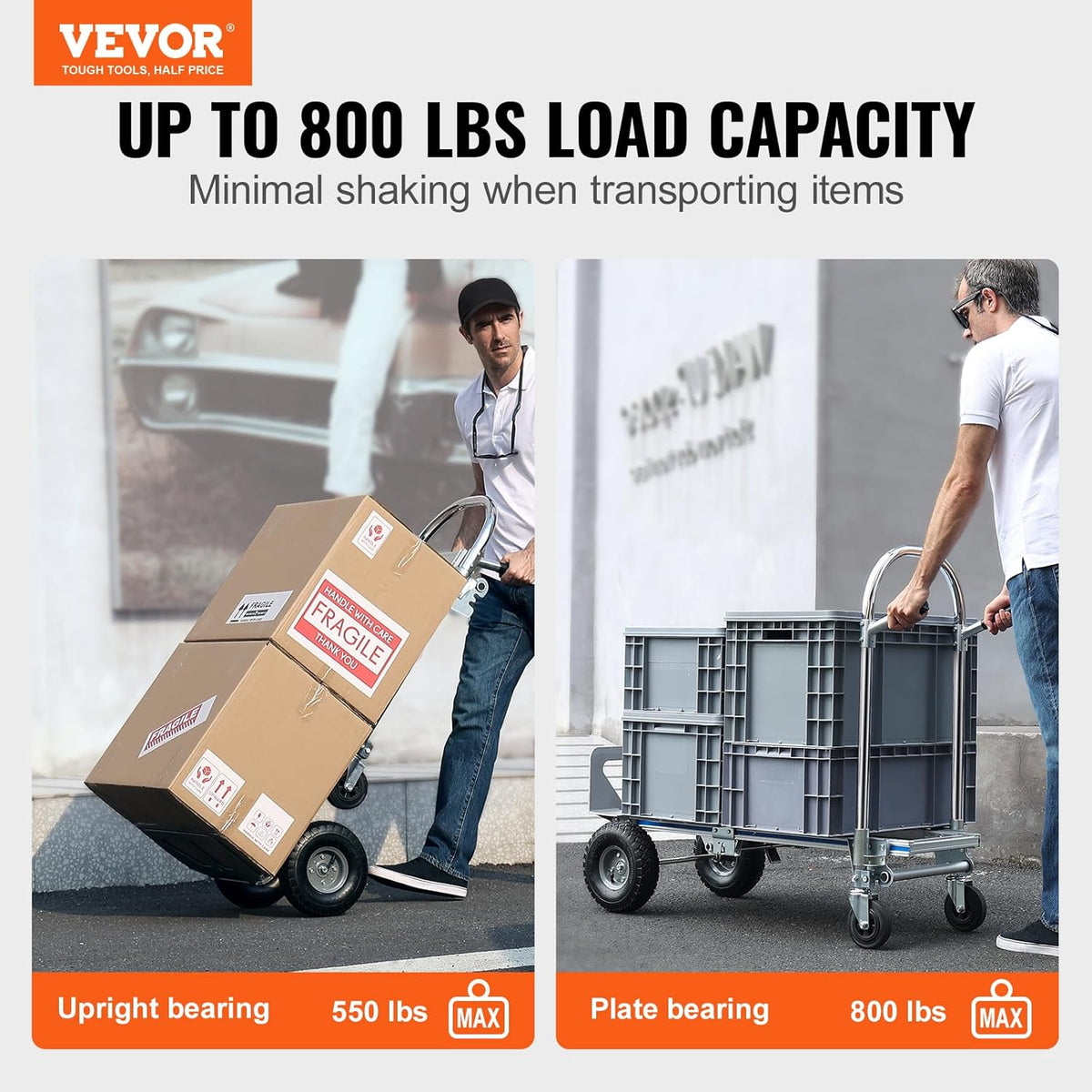 VEVOR Aluminium Trailer Truck, 2-in-1, Hand Truck, Moving Truck, Load Capacity 363 kg, Hand Truck, Convertible in Platform Truck, Rubber Wheels for Transport, Warehouse, Goods