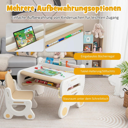 FANTASK Kinderzitgroep met in hoogte en kantelbaar tafelblad, kindertafel met kruk, om te tekenen, leren, spelen en eten, voor kinderen vanaf 3 jaar (bruin)