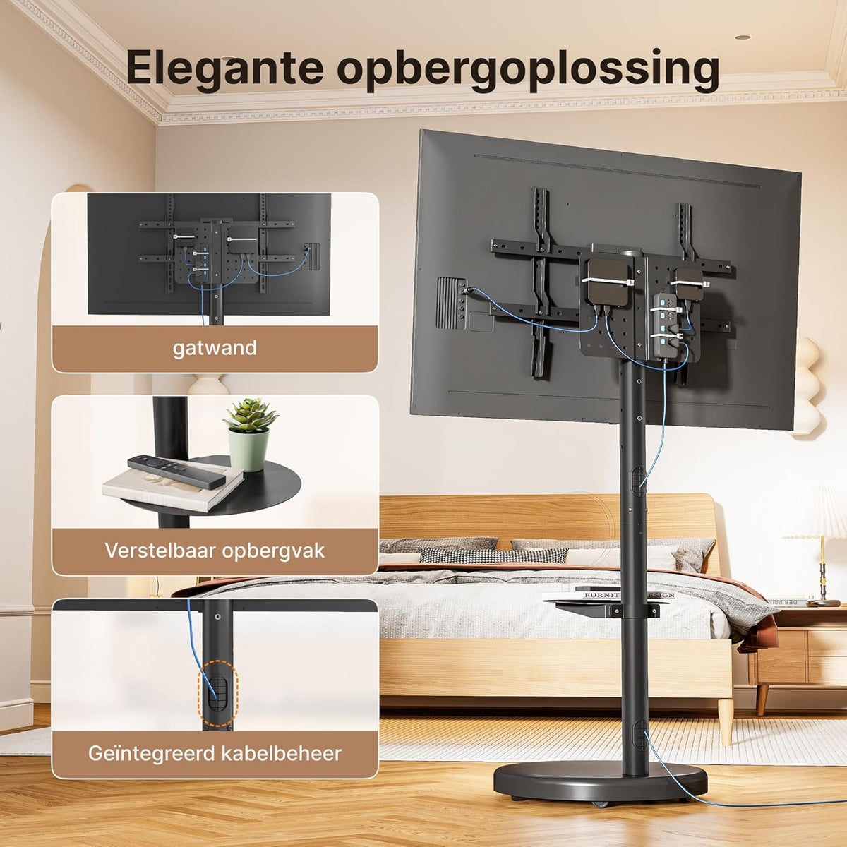 In hoogte verstelbare oprolbare tv-standaard voor 37-86 inch televisie, 50 kg draagvermogen, staand en liggend formaat, stabiele mobiele tv-wagen met plank, max. VESA 600x400mm (zwart)