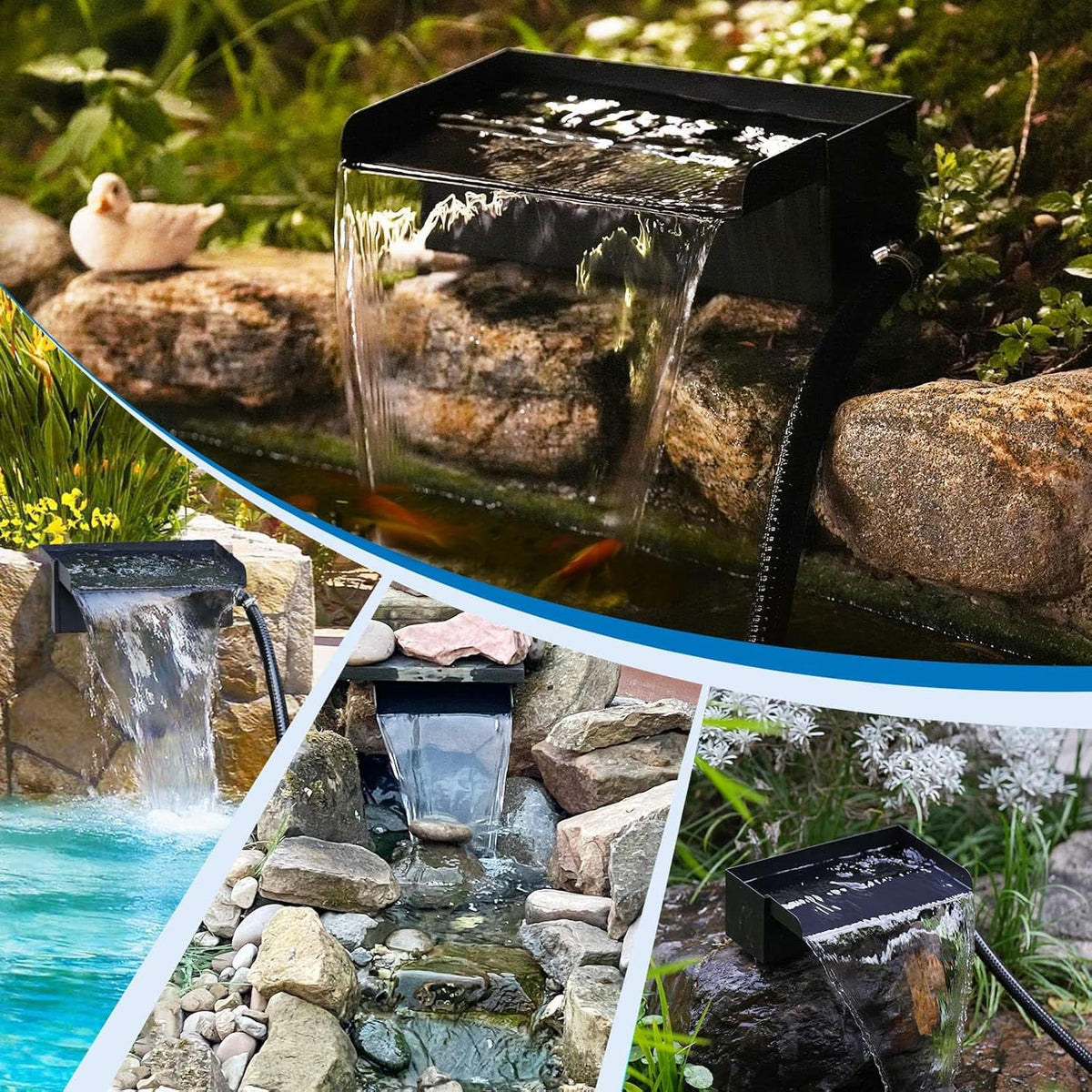 Biling Vijver waterval bladenset, 30 cm roestvrijstalen overloop zwembadfontein met 2500 L/H pomp en duurzame buis voor vijver, zwembad, beekloop, tuin, terras