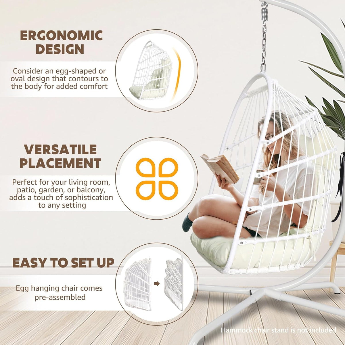 Chihee Opvouwbare rieten rotan hangstoel schommel - binnen/buiten patio rieten hangstoel met roestvrijstalen hangset ketting schakel UV-bestendig kussen voor slaapkamer/balkon