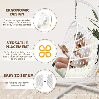 Chihee Opvouwbare rieten rotan hangstoel schommel - binnen/buiten patio rieten hangstoel met roestvrijstalen hangset ketting schakel UV-bestendig kussen voor slaapkamer/balkon