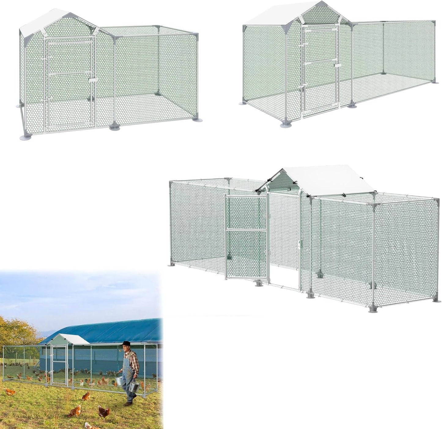LILIIN Free Run Hen Coop Galvanised Steel Frame Chicken Coop Outdoor Entrance for Pet Cage, Bird Cage, Small Animals, with Lock and PVC Coated Roof, 400 x 100 x 150 cm - QUORE