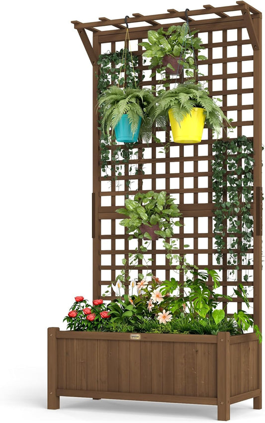 Outsunny Hochbeet Pflanzkasten mit Rankgitter,Spalier Pflanzkübel Blumenkasten Holz,Gartenspalier 90 x 45 x 183 cm für Garten Balcony Terrasse,Blumenkübel für Kletterpflanzen Korbpflanzen, Blumen - QUORE